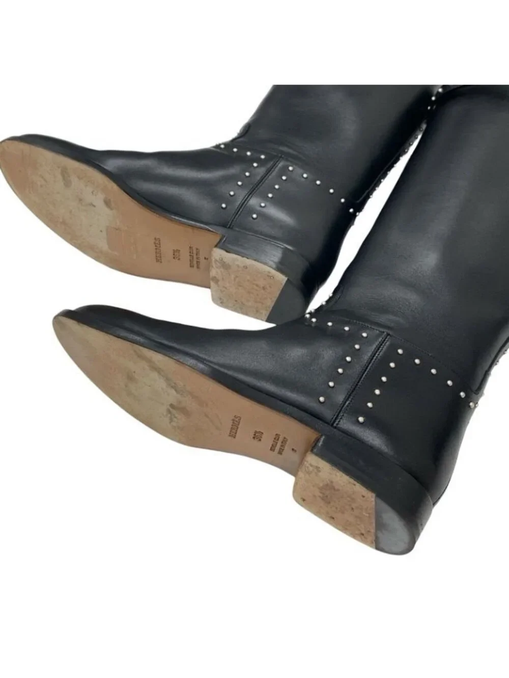 Hermes Jumping Boots Long Shoes Leather Black Silver Studs